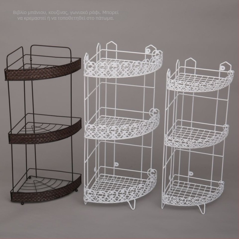 Χωρίς διάτρηση: Τριγωνικό γωνιακό ράφι μπάνιου, τοίχου, σφυρηλατό σίδερο, πολλαπλών επιπέδων αποθήκευση