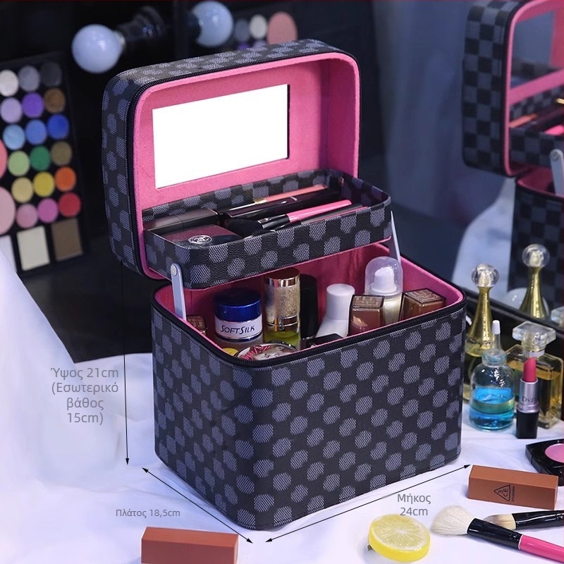 Τσάντα μακιγιάζ με καθρέπτη, μεγάλη χωρητικότητα, επεκτεινόμενη θήκη, άνοιγμα με φερμουάρ, κλειδώνεται