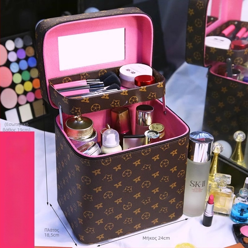 Τσάντα μακιγιάζ με καθρέπτη, μεγάλη χωρητικότητα, επεκτεινόμενη θήκη, άνοιγμα με φερμουάρ, κλειδώνεται