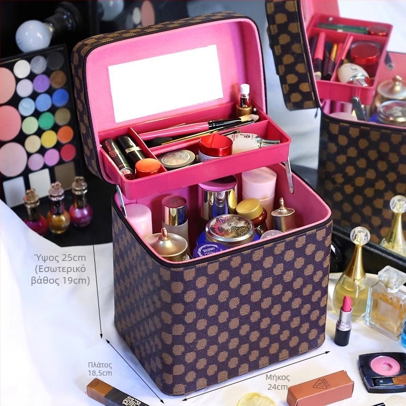 Τσάντα μακιγιάζ με καθρέπτη, μεγάλη χωρητικότητα, επεκτεινόμενη θήκη, άνοιγμα με φερμουάρ, κλειδώνεται