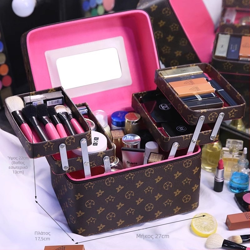 Τσάντα μακιγιάζ με καθρέπτη, μεγάλη χωρητικότητα, επεκτεινόμενη θήκη, άνοιγμα με φερμουάρ, κλειδώνεται