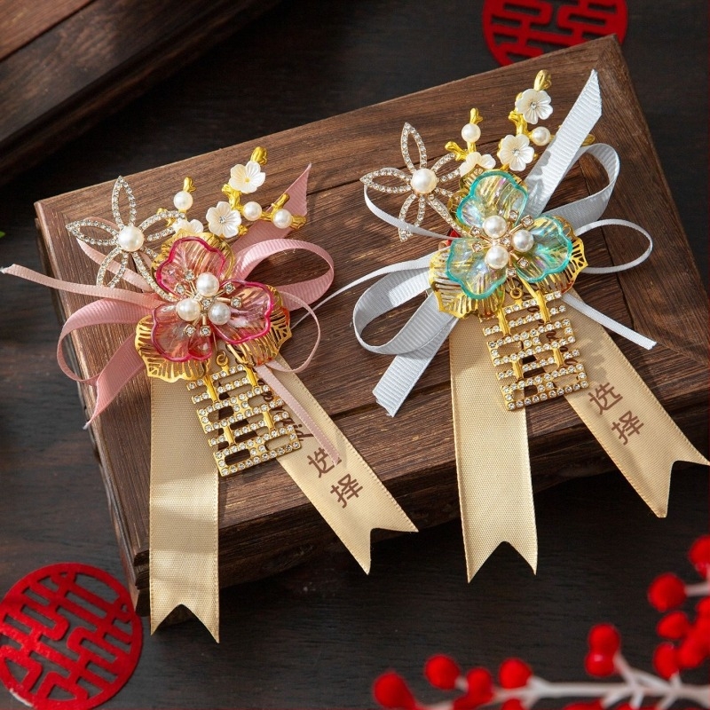 Σετ κορσάζ γάμου για οικογένεια και γονείς, μεταξωτά λουλούδια, κινέζικου στυλ για τη νύφη και τον γαμπρό