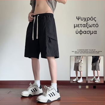 Ανδρικά cargo κοντά παντελόνια, χαλαρή γραμμή, κορεατικό στυλ, πολυεστέρας, καλοκαίρι