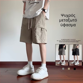 Ανδρικά cargo κοντά παντελόνια, χαλαρή γραμμή, κορεατικό στυλ, πολυεστέρας, καλοκαίρι