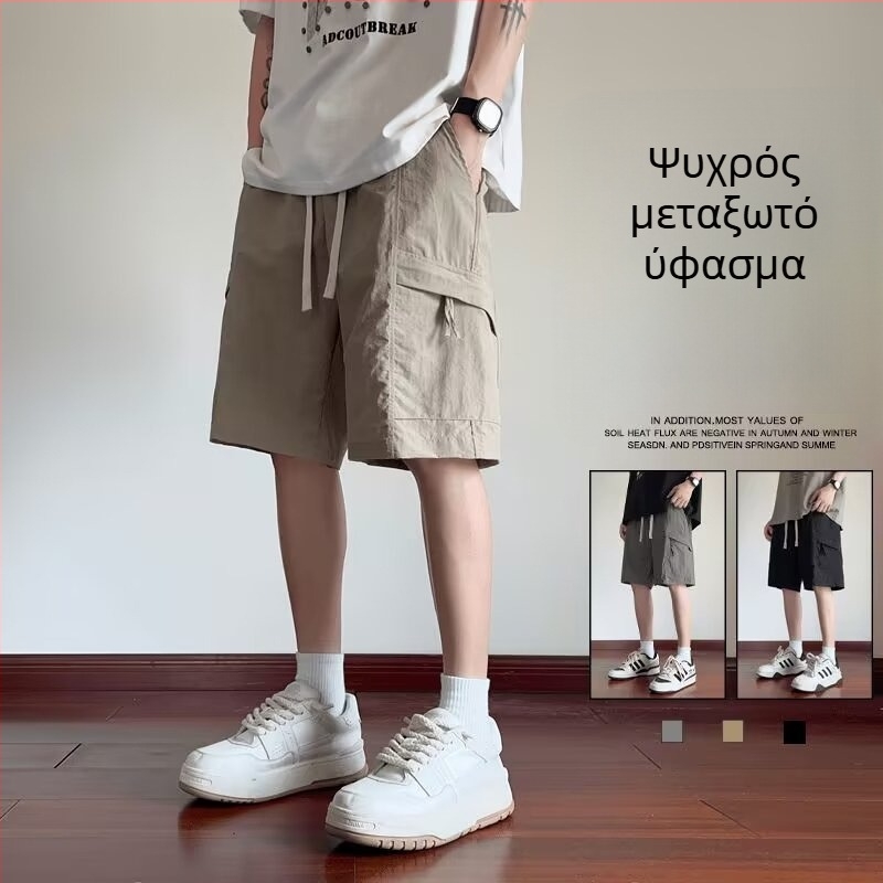 Ανδρικά cargo κοντά παντελόνια, χαλαρή γραμμή, κορεατικό στυλ, πολυεστέρας, καλοκαίρι