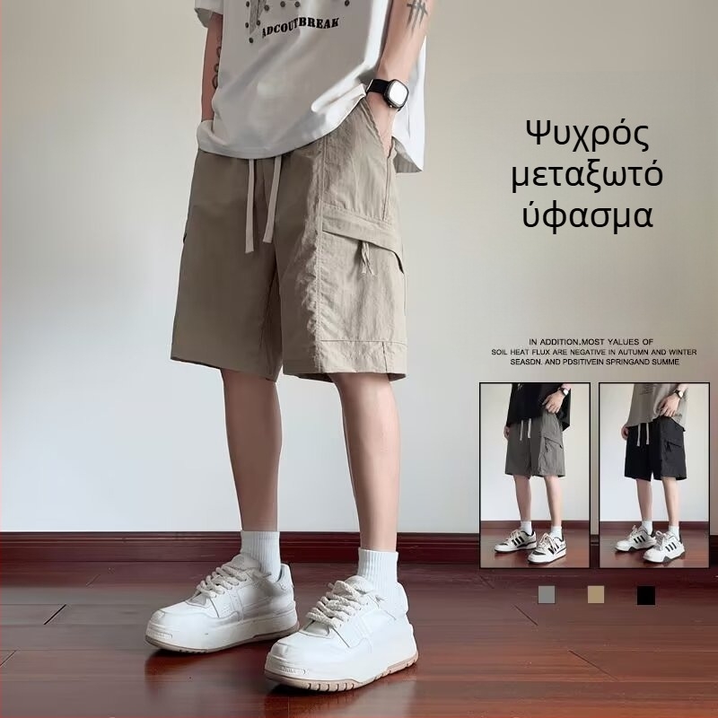 Ανδρικά cargo κοντά παντελόνια, χαλαρή γραμμή, κορεατικό στυλ, πολυεστέρας, καλοκαίρι