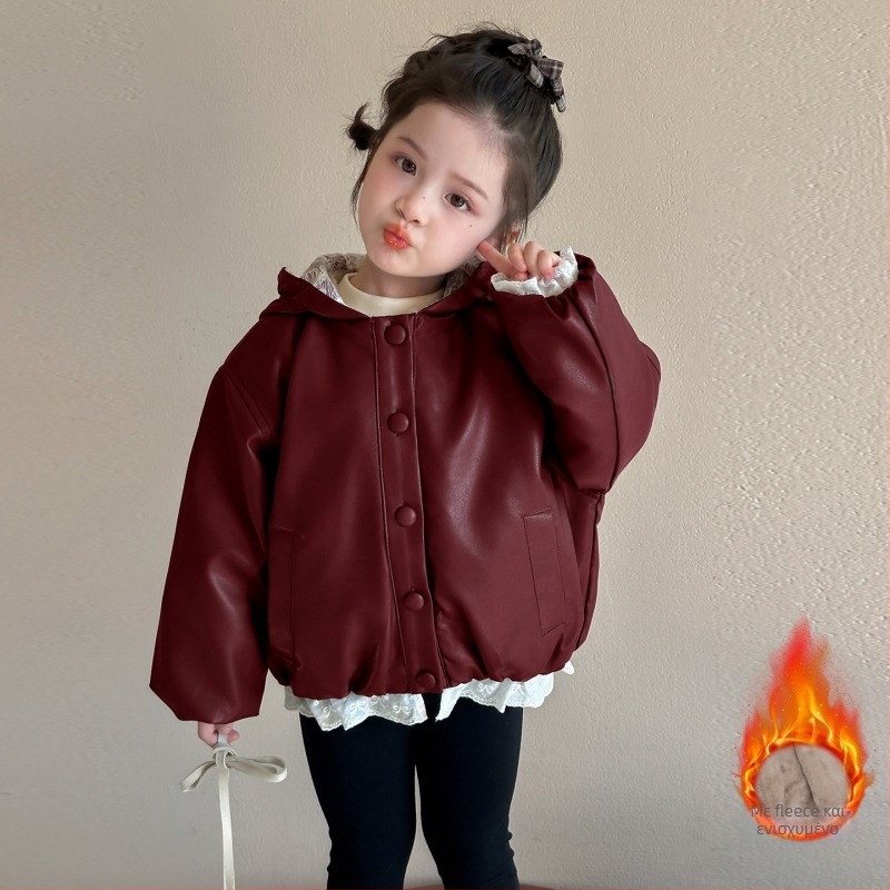 Κοριτσίστικο PU δερμάτινο μπουφάν με επένδυση φλίς, κουκούλα, Κορεατικό στυλ, κοντό μήκος, φερμουάρ (3–8 ετών, Χειμώνας 2025)