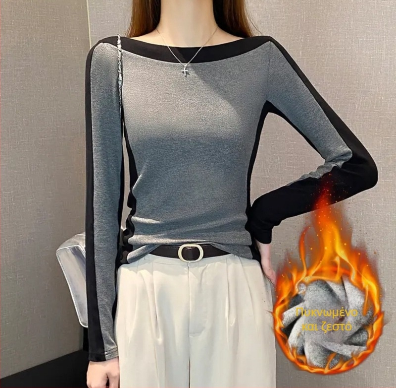 Γυναικεία πλεκτή μπλούζα T‑shirt από βισκόζη, μακριά μανίκια, μονόχρωμη, με λαιμό τύπου γραμμής και στενή εφαρμογή