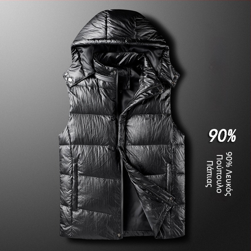 Ανδρικό γιλέκο με κουκούλα από πούπουλα, ιαπωνικού ρετρό στυλ cardigan, στενή γραμμή, στάσιμος γιακά, φερμουάρ