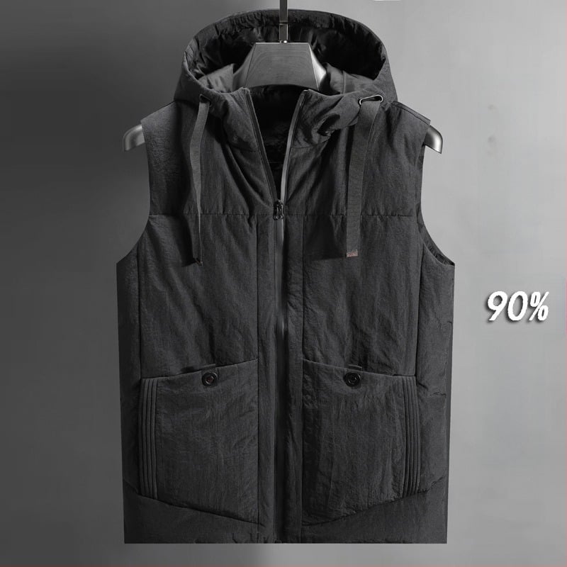 Ανδρικό γιλέκο με κουκούλα από πούπουλα, ιαπωνικού ρετρό στυλ cardigan, στενή γραμμή, στάσιμος γιακά, φερμουάρ