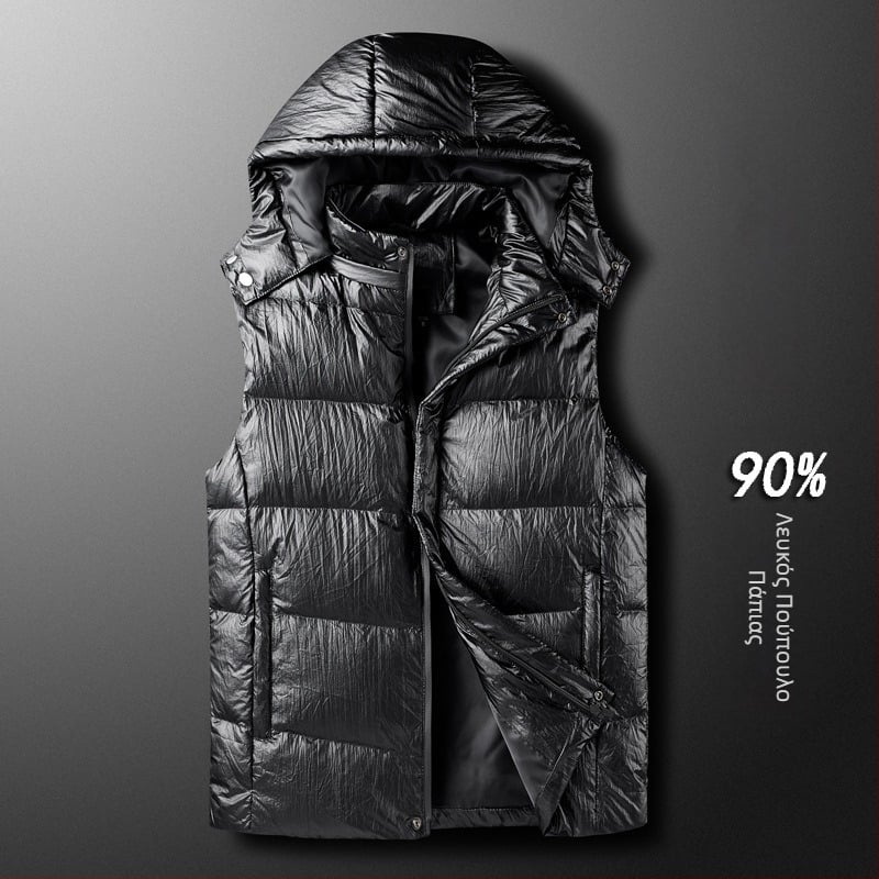 Ανδρικό γιλέκο με κουκούλα από πούπουλα, ιαπωνικού ρετρό στυλ cardigan, στενή γραμμή, στάσιμος γιακά, φερμουάρ