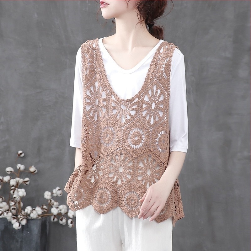 Γυναικείο βαμβακερό γιλέκο-κάπε με γέμισμα από καπάκ, ρόμβος σχέδιο, στρογγυλό λαιμό, χωρίς μανίκια, τύπος πουλόβερ, άνοιξη 2025