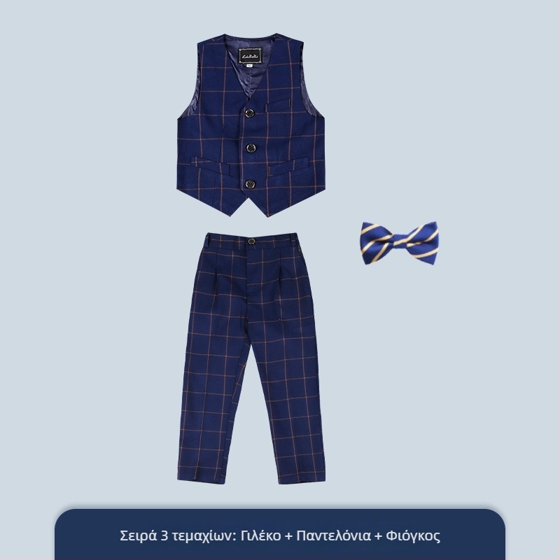 Παιδικό καρό σετ τριών κομματιών για επίσημο ένδυμα, V-λαιμό, μονόμπρουτ, κορεατικού στυλ για αγόρια, πολυεστέρας