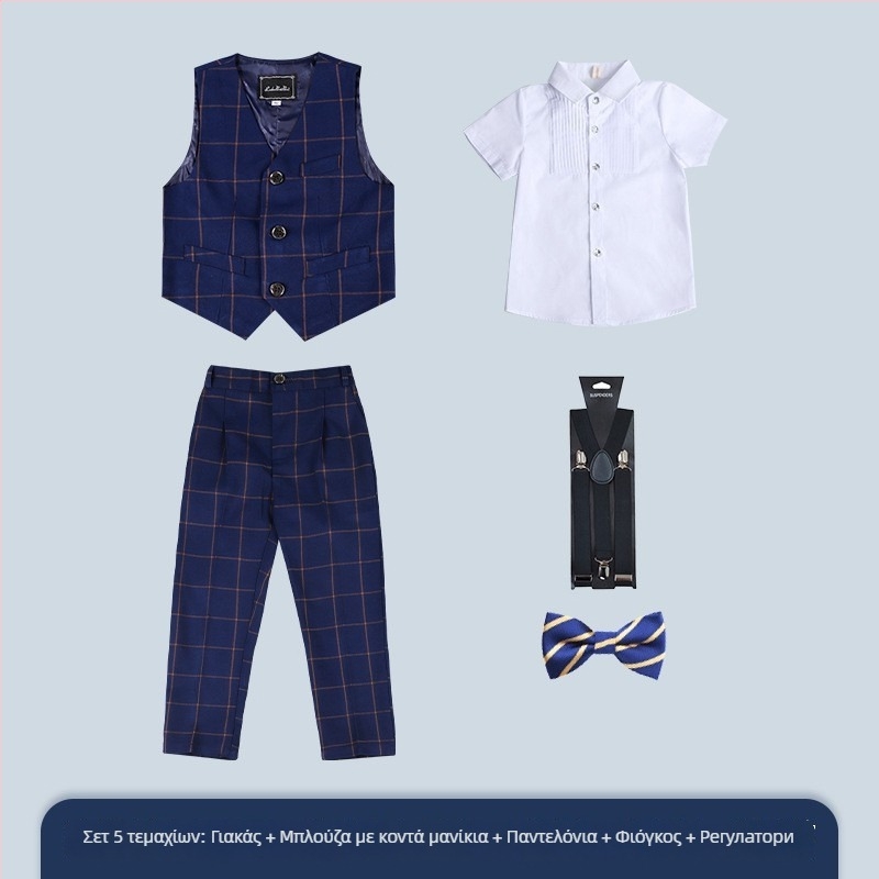 Παιδικό καρό σετ τριών κομματιών για επίσημο ένδυμα, V-λαιμό, μονόμπρουτ, κορεατικού στυλ για αγόρια, πολυεστέρας