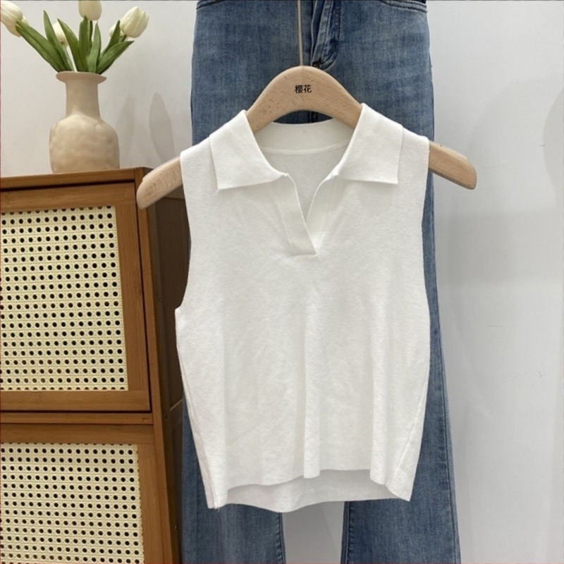 Γυναικείο πλεκτό τοπ χωρίς μανίκια με φλοράλ μοτίβο και ψεύτικη γιακά, πολυεστέρας, μεσαίου πάχους, πουλόβερ στυλ