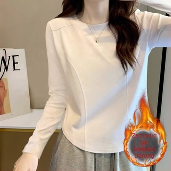 Γυναικείο βασικό τοπ με μακριά μανίκια, στρογγυλός λαιμός, πολυεστέρας ≥95% με ελαστάνη έως 30%, μήκος 50–65 cm.