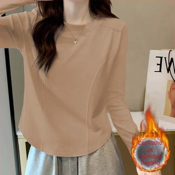 Γυναικείο βασικό τοπ με μακριά μανίκια, στρογγυλός λαιμός, πολυεστέρας ≥95% με ελαστάνη έως 30%, μήκος 50–65 cm.