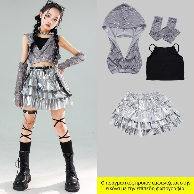 Κοριτσίστικο κοστούμι για εμφανίσεις χορού με παγιέτες – Jazz Hip-Hop, Καλοκαίρι 2024, για κορίτσια από 8 ετών