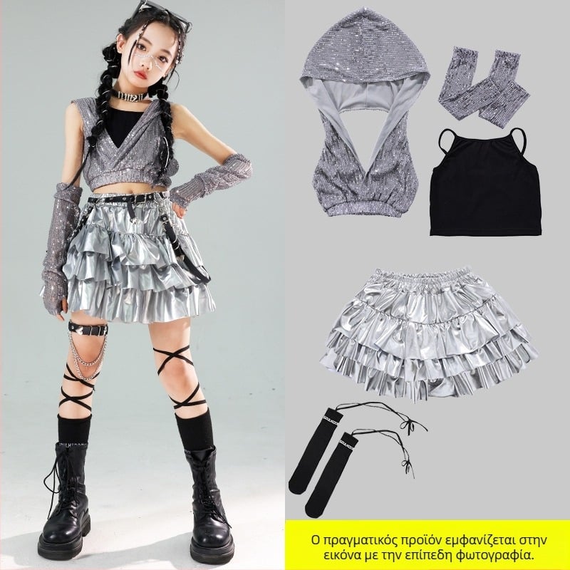 Κοριτσίστικο κοστούμι για εμφανίσεις χορού με παγιέτες – Jazz Hip-Hop, Καλοκαίρι 2024, για κορίτσια από 8 ετών