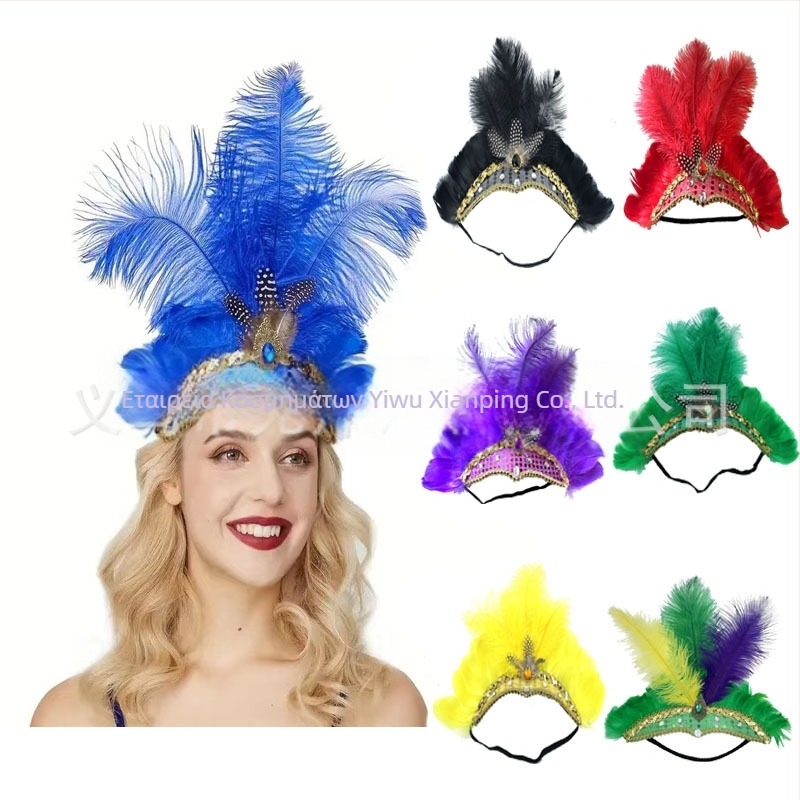 Headwear Vintage Feather Headband Crown with Plaid Pattern, Summer 2024