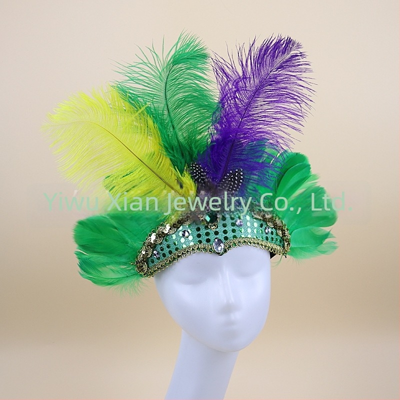 Headwear Vintage Feather Headband Crown with Plaid Pattern, Summer 2024