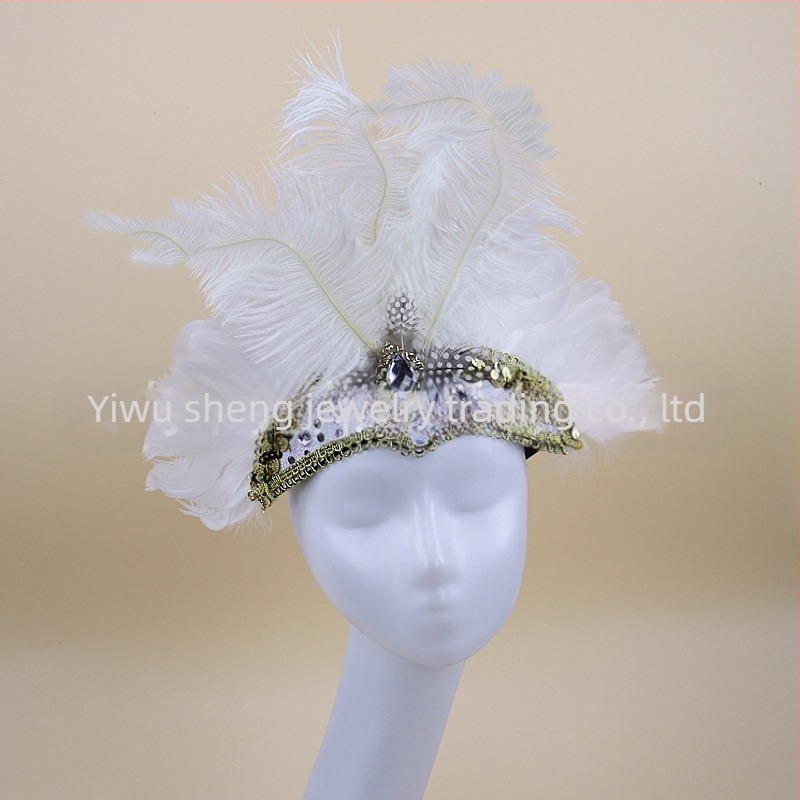 Headwear Vintage Feather Headband Crown with Plaid Pattern, Summer 2024