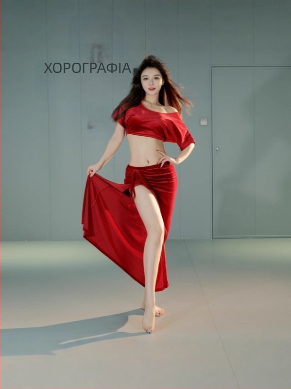 Σετ προπόνησης για χορό belly dance με φούστα με σχίσιμο, βελούδινο ύφασμα (πολυεστέρας 30-50%), Χειμώνας 2024, για αρχάριους