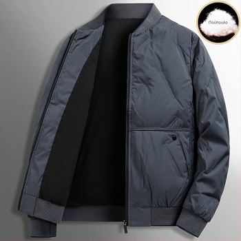Ανδρικό μπουφάν με πουπουλένιο γέμισμα από πάπια, όρθιος γιακάς, φερμουάρ, κοντό μήκος, κατάλληλο για -20°C έως -5°C.