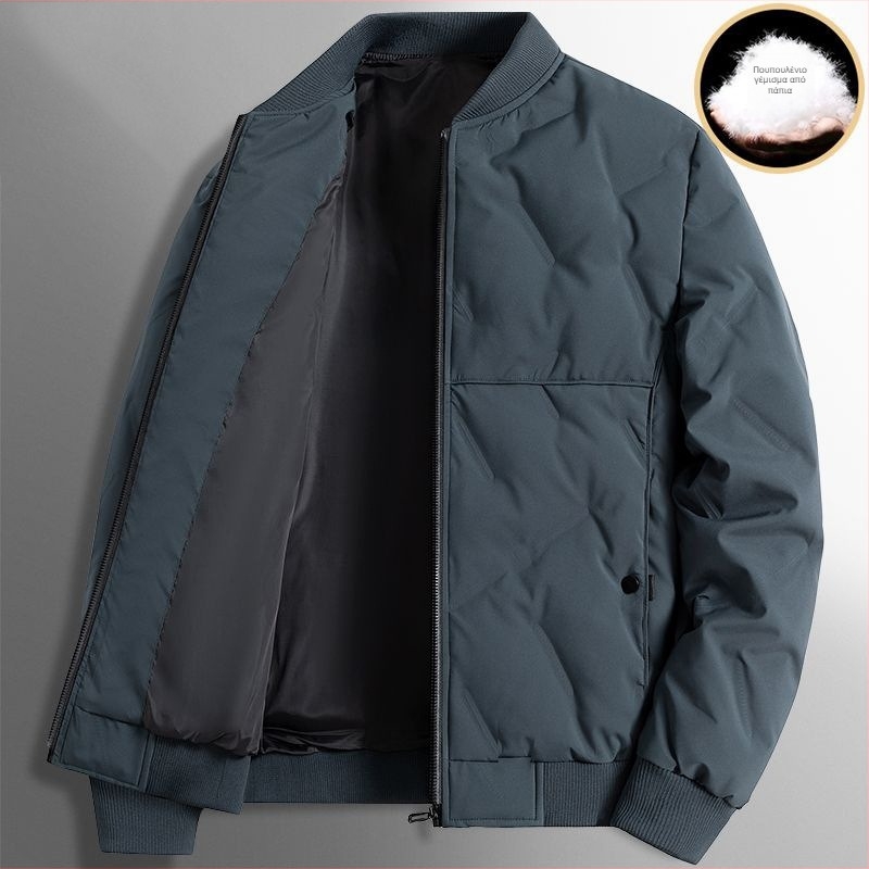 Ανδρικό μπουφάν με πουπουλένιο γέμισμα από πάπια, όρθιος γιακάς, φερμουάρ, κοντό μήκος, κατάλληλο για -20°C έως -5°C.