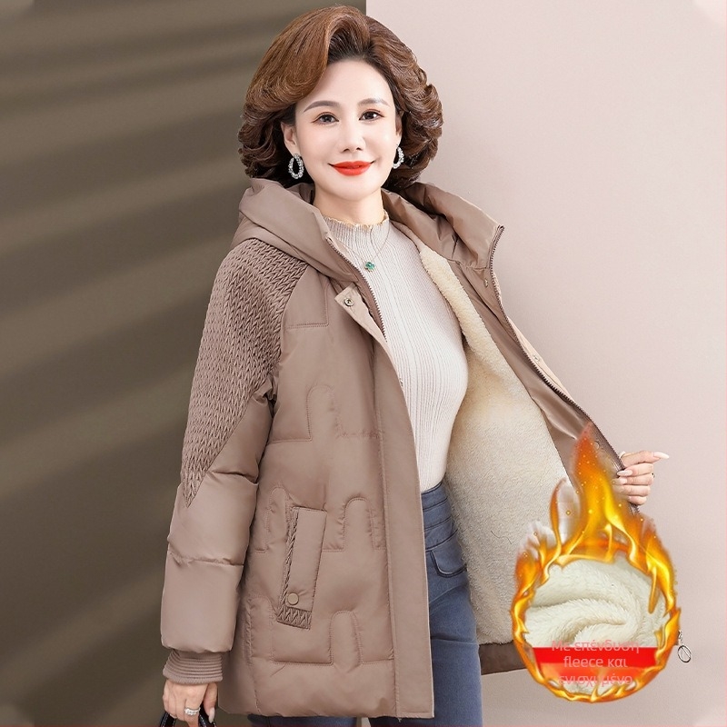 Γυναικείο χειμωνιάτικο παλτό με βαμβακό γέμισμα και φλις επένδυση, με κουκούλα, φερμουάρ, μεσαίου μήκους (50–65 εκ.), εξωτερικό ύφασμα πολυεστέρα (>95%)