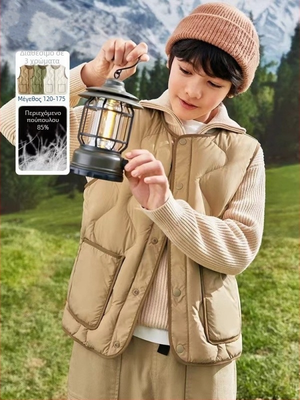 Παιδικό γιλέκο από πάπια πούπουλα, ελαφρύ, χωρίς μανίκια, χαλαρή γραμμή, γέμισμα από λευκά πούπουλα πάπιας, για παιδιά 8+ ετών (140 cm+), φθινοπωρινό/χειμερινό.