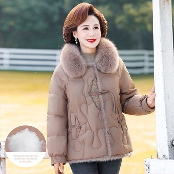 Χειμερινό γυναικείο μπουφάν με γέμισμα από πούπουλα-βαμβάκι, πολυεστερικό ύφασμα, κύρια σύνθεση 50-70% πολυεστέρα, ακρυλικό <30%, παλτό κινεζικού στιλ, Χειμώνας 2023