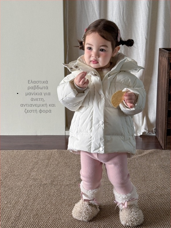 Παιδικό μπουφάν πάπιας κορεατικού στυλ, παχύτερο με 86–90% λευκού down από πάπια, εξωτερικό νάιλον, επένδυση πολυεστέρα, μακριά μανίκια, κουκούλα μη αποσπώμενη