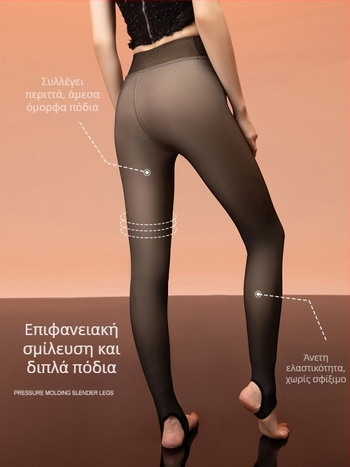 Καλσόν μεγάλου μεγέθους με ψηλή μέση, fleece-lined, μαύρο, διαφανές προς το δέρμα, λαμπερό φινίρισμα για φθινοπωρινό-χειμερινό θερμό
