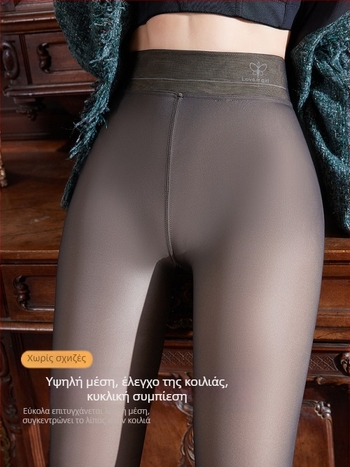 Καλσόν μεγάλου μεγέθους με ψηλή μέση, fleece-lined, μαύρο, διαφανές προς το δέρμα, λαμπερό φινίρισμα για φθινοπωρινό-χειμερινό θερμό
