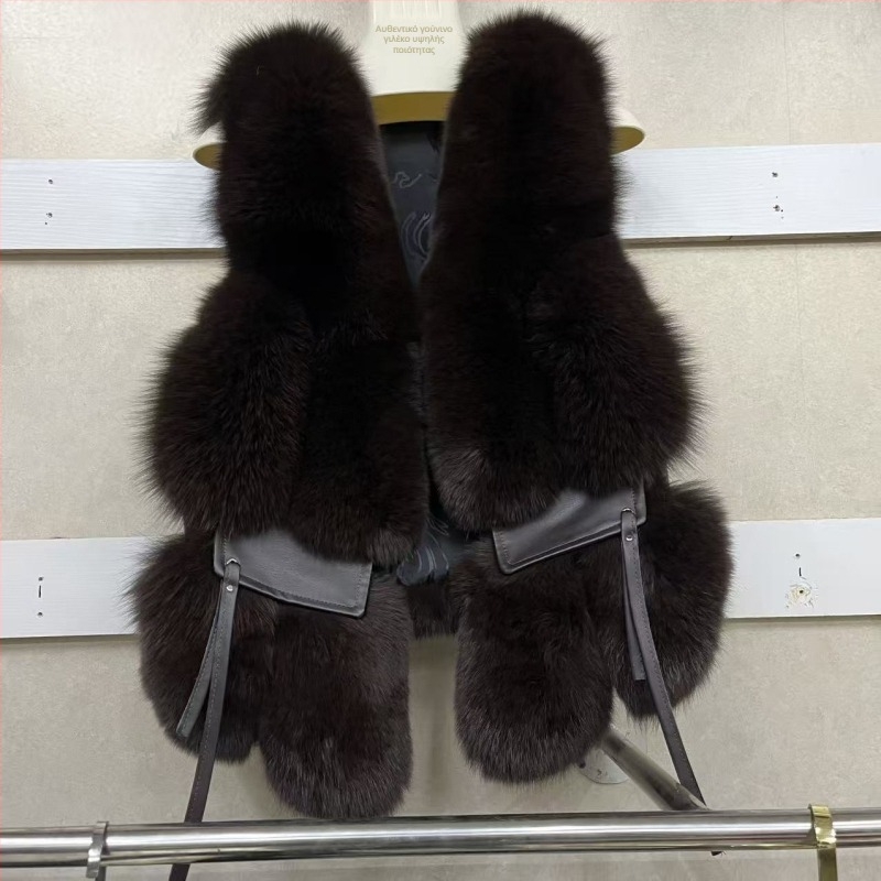 Γυναικείο γιλέκο από γούνα αλεπούς με δέρμα με τρίχες, V-λαιμό, χωρίς μανίκια, βρετανικό στυλ