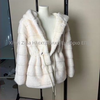 Γυναικείο παλτό από συνθετική γούνα, με κουκούλα, στη μέση εφαρμοστό, μακρύ μήκος, οριζόντια υφή συνθετικής γούνας