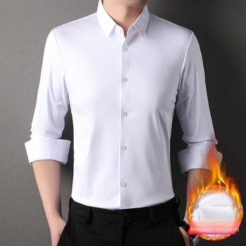 Ανδρικό πουκάμισο με φλίς επένδυση, για χειμώνα 2025, με γιακά τύπου λαπέλ, μακριά μανίκια, μονόχρωμο σχέδιο, πολυεστέρα-ελαστάνης, χωρίς σιδέρωμα, επιχειρηματικό casual