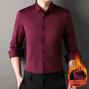 Ανδρικό πουκάμισο με φλίς επένδυση, για χειμώνα 2025, με γιακά τύπου λαπέλ, μακριά μανίκια, μονόχρωμο σχέδιο, πολυεστέρα-ελαστάνης, χωρίς σιδέρωμα, επιχειρηματικό casual