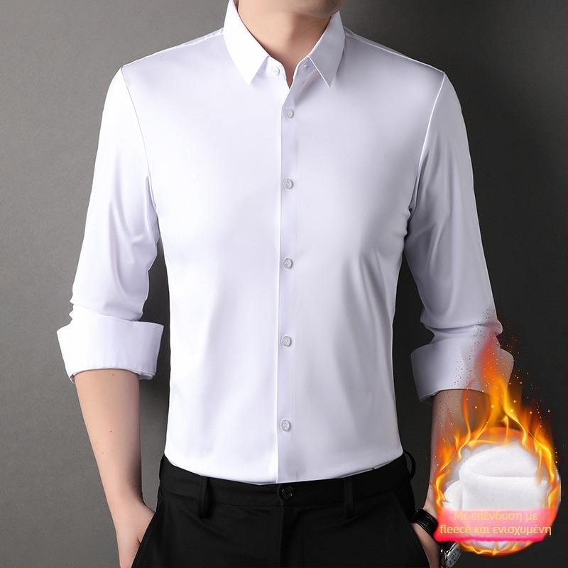 Ανδρικό πουκάμισο με φλίς επένδυση, για χειμώνα 2025, με γιακά τύπου λαπέλ, μακριά μανίκια, μονόχρωμο σχέδιο, πολυεστέρα-ελαστάνης, χωρίς σιδέρωμα, επιχειρηματικό casual