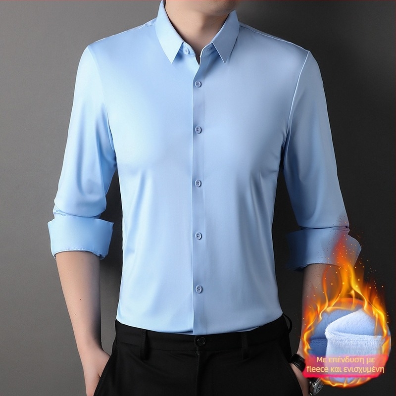 Ανδρικό πουκάμισο με φλίς επένδυση, για χειμώνα 2025, με γιακά τύπου λαπέλ, μακριά μανίκια, μονόχρωμο σχέδιο, πολυεστέρα-ελαστάνης, χωρίς σιδέρωμα, επιχειρηματικό casual