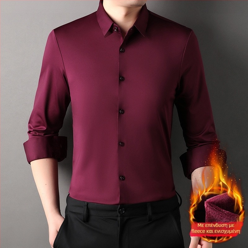 Ανδρικό πουκάμισο με φλίς επένδυση, για χειμώνα 2025, με γιακά τύπου λαπέλ, μακριά μανίκια, μονόχρωμο σχέδιο, πολυεστέρα-ελαστάνης, χωρίς σιδέρωμα, επιχειρηματικό casual