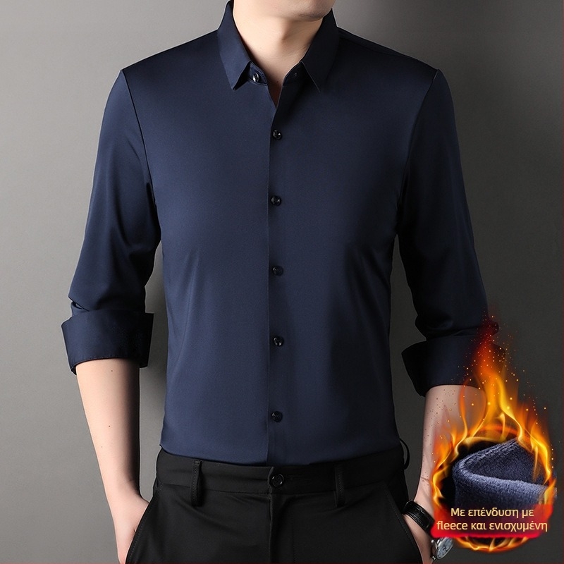 Ανδρικό πουκάμισο με φλίς επένδυση, για χειμώνα 2025, με γιακά τύπου λαπέλ, μακριά μανίκια, μονόχρωμο σχέδιο, πολυεστέρα-ελαστάνης, χωρίς σιδέρωμα, επιχειρηματικό casual