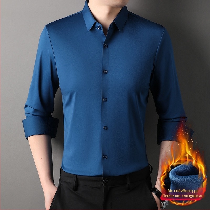 Ανδρικό πουκάμισο με φλίς επένδυση, για χειμώνα 2025, με γιακά τύπου λαπέλ, μακριά μανίκια, μονόχρωμο σχέδιο, πολυεστέρα-ελαστάνης, χωρίς σιδέρωμα, επιχειρηματικό casual