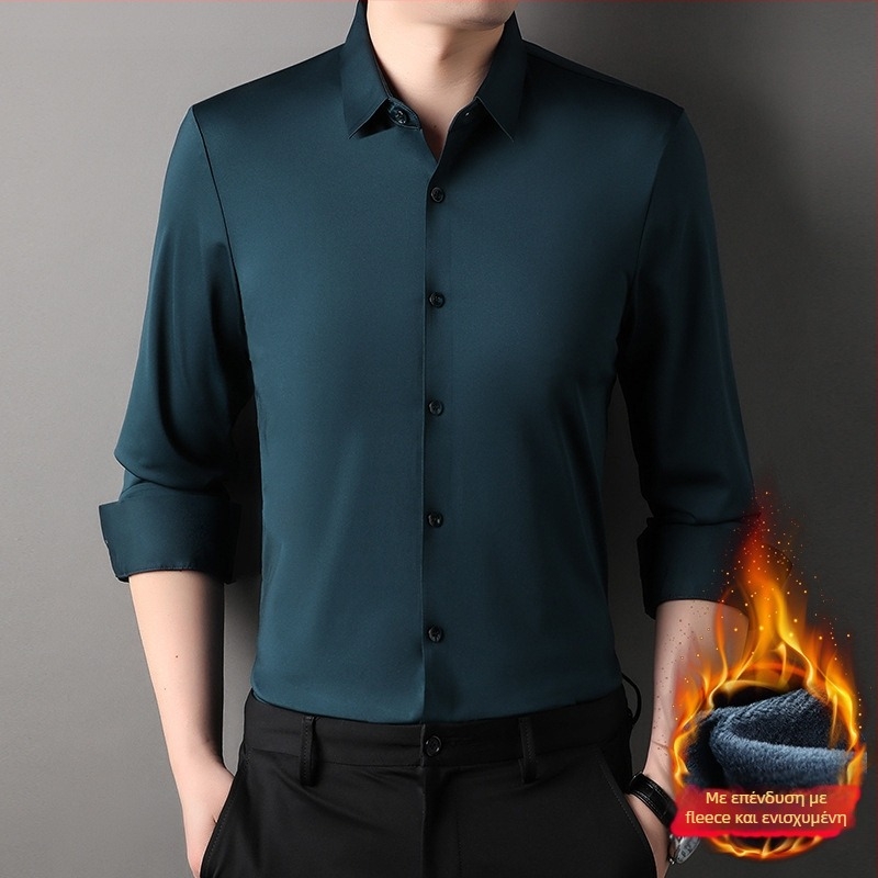 Ανδρικό πουκάμισο με φλίς επένδυση, για χειμώνα 2025, με γιακά τύπου λαπέλ, μακριά μανίκια, μονόχρωμο σχέδιο, πολυεστέρα-ελαστάνης, χωρίς σιδέρωμα, επιχειρηματικό casual