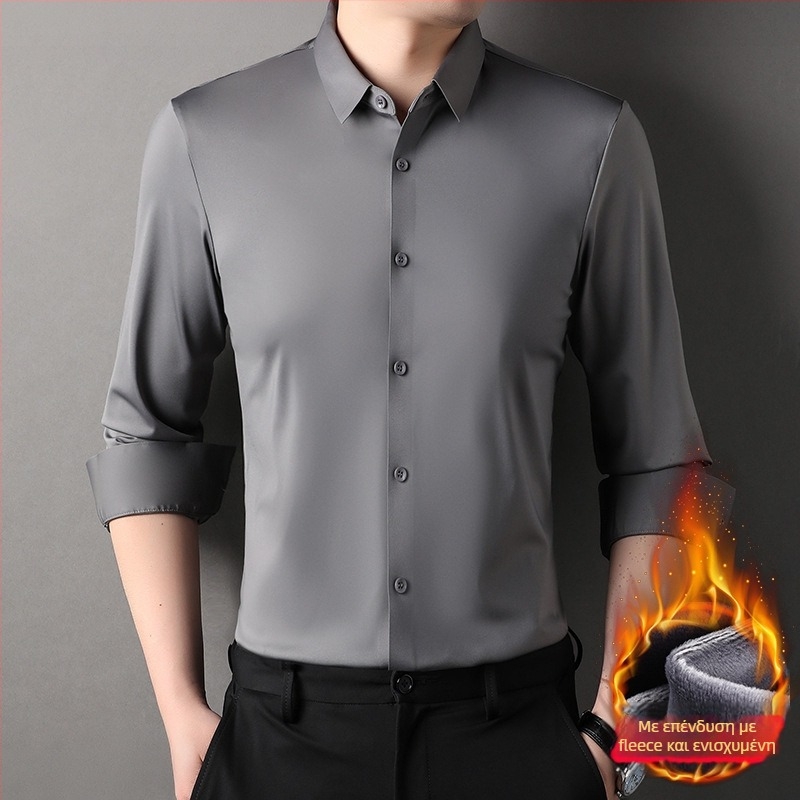 Ανδρικό πουκάμισο με φλίς επένδυση, για χειμώνα 2025, με γιακά τύπου λαπέλ, μακριά μανίκια, μονόχρωμο σχέδιο, πολυεστέρα-ελαστάνης, χωρίς σιδέρωμα, επιχειρηματικό casual