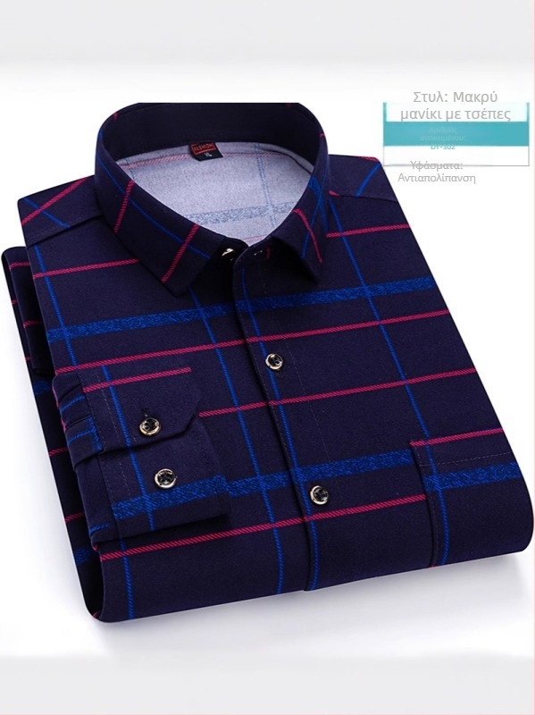 Ανδρικό μακρυμάνικο πουκάμισο με καρό σχέδιο, τετράγωνος γιακάς, χαλαρή γραμμή, ύφασμα από acetate fiber