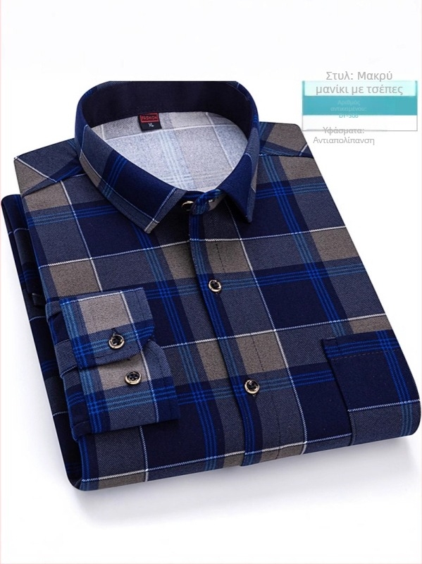 Ανδρικό μακρυμάνικο πουκάμισο με καρό σχέδιο, τετράγωνος γιακάς, χαλαρή γραμμή, ύφασμα από acetate fiber