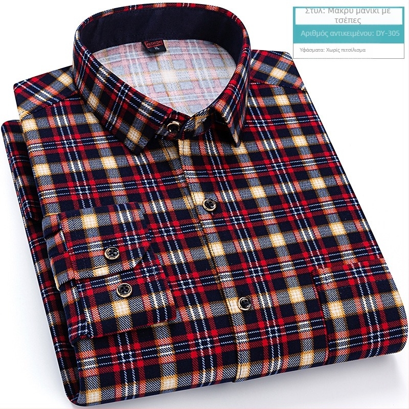 Ανδρικό μακρυμάνικο πουκάμισο με καρό σχέδιο, τετράγωνος γιακάς, χαλαρή γραμμή, ύφασμα από acetate fiber