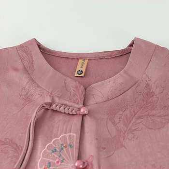 Μπλούζα με κοντά μανίκια και κέντημα για ηλικιωμένες – Εθνοτικό στυλ, μίγμα βαμβακιού-πολυεστέρα, καλοκαίρι 2025